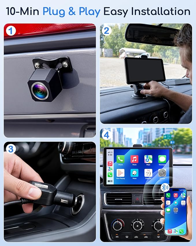 Plug & Play 7" Portable Wireless CarPlay Screen: Supports Apple CarPlay & Android Auto - 1080P Night Vision Backup Camera & 2.5K Dash Cam - Voice Control for Maps & Calls - Upgrade for Older Cars