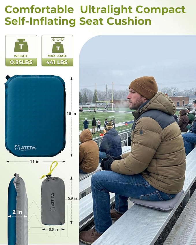 ATEPA Inflatable Seat Cushion, Compact Self-Inflating Seat Cushion for Stadium Airplane Air Travel Bleacher Camping, Blow Up Foam Seat Pad for Outdoor Sports Events Backpacking Hiking Sitting