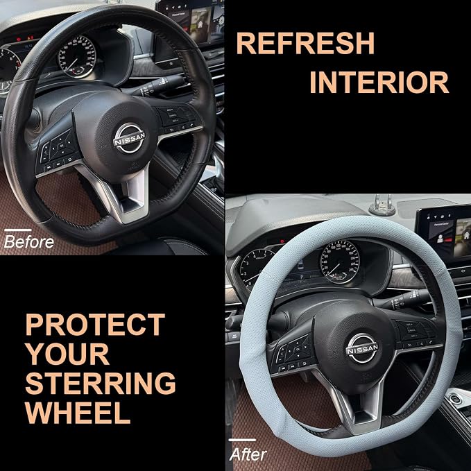 PINCTROT D Shaped Nappa Leather Steering Wheel Cover with Ergonomic Palm Support Grip, Full Perforated Breathable, Slim Fit No Bulk Design, Flat Bottom 14.5-15 Inch (Ice Blue)