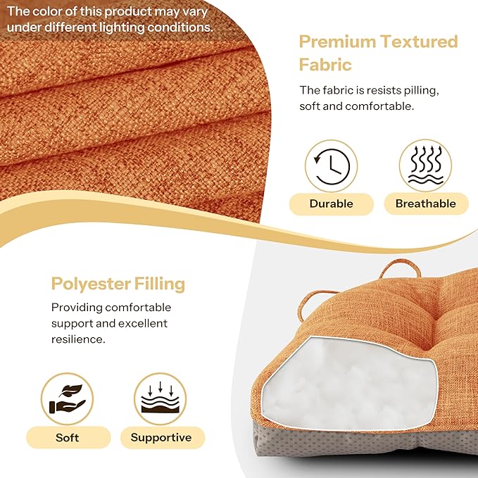 Non Slip Chair Cushions for Dining Chairs Set of 4 Kitchen Chair Cushions 18"x18"x3" Turfted Chair Pads Comfortable and Soft Seat Cushion with Ties, Orange