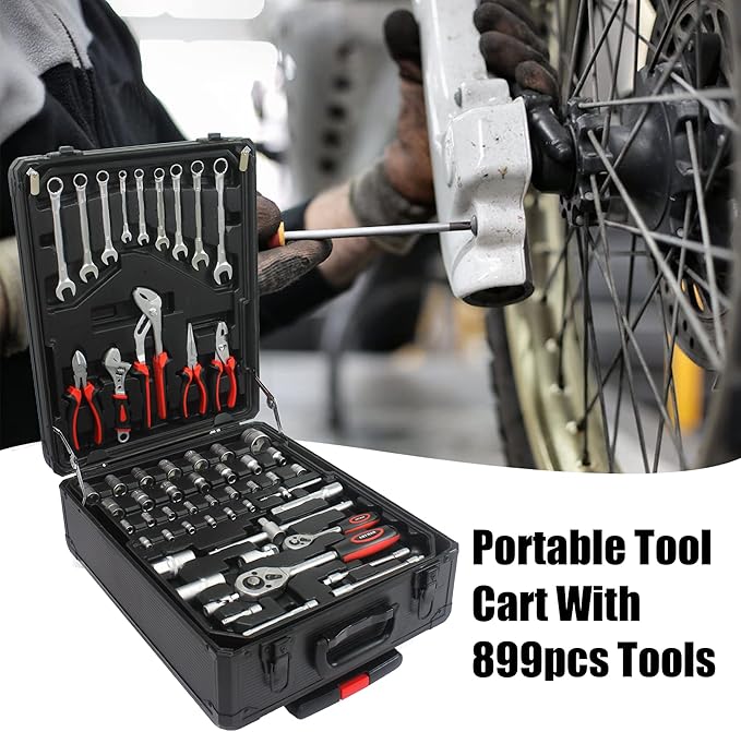 RYH 899pcs All-in-One Professional Tool Set & Rolling Tool Box Set - 4 Drawer Organizer Storage Case - Complete Home, Auto, Mechanic Tool Kit for DIY, Homeowner, Handyman Tool Set (Black)