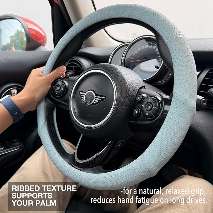 PINCTROT Nappa Leather Steering Wheel Cover with Ergonomic Palm Support Grip, Full Perforated Breathable, Slim Fit No Bulk Design, Universal 14.5-15 Inch (Ice Blue)