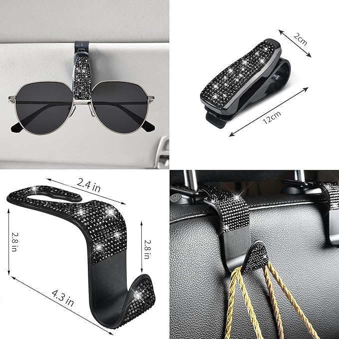 CAR PASS 11 PCS Bling Diamond Car Accessories for Women, Sparkly Rhinestone Steering Wheel Cover, Bling Seat Belt Cushion, Glitter Shift Knob Cover, Car Cup Holder Coaster, Cute Interior Sets Black