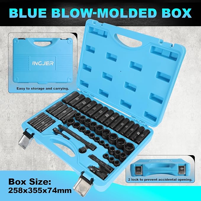 3/8 SAE and metric socket set, 50 Piece Impact Socket Set, StandardSAE (5/16 to 3/4 inch) and Metric (8-22mm) 6 Point, Extension Bars, Impact Universal Joint, Adapter, Cr-V Steel