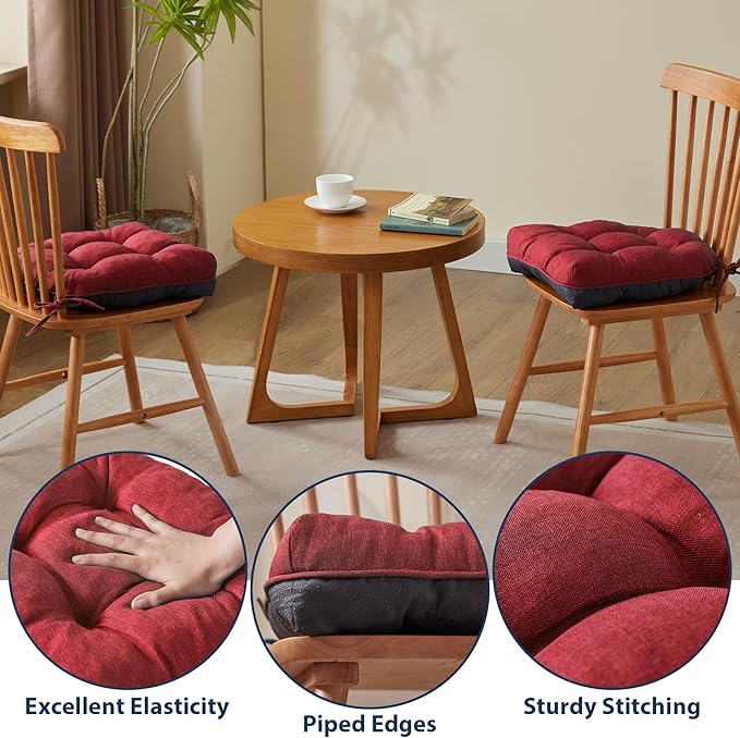 IASEAHK Chair Cushions for Dining Chairs, Seat Cushions for Kitchen Chairs, Indoor Seat Cushions with Ties, Tufted Foam Chair Pads, Non Slip Chair Cushions Set of 6, 15.5" x 15.5" x 4", Red