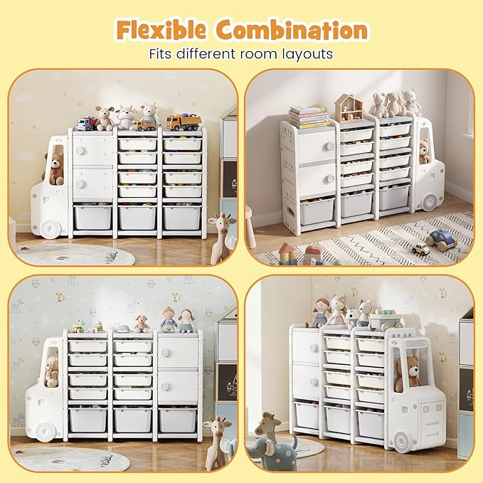 Costzon Car-Shaped Toy Storage Organizer, Kids Toy Shelf w/11 Removable Bins, 2 Cabinets, Top Shelf & Cab Compartment, Toddler Bookshelf for Kids Room, Playroom, Classroom, Living Room (Car)