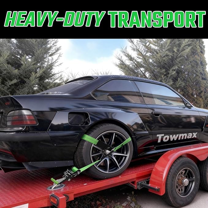 4 Pack Car Tie Down Straps for Trailers - 2" x 8' Heavy Duty Tire Straps with Snap Hooks - 10,000lbs Break Strength, Adjustable Lasso Style Wheel Straps for Hauling Cars, Truck, UTV(Green)