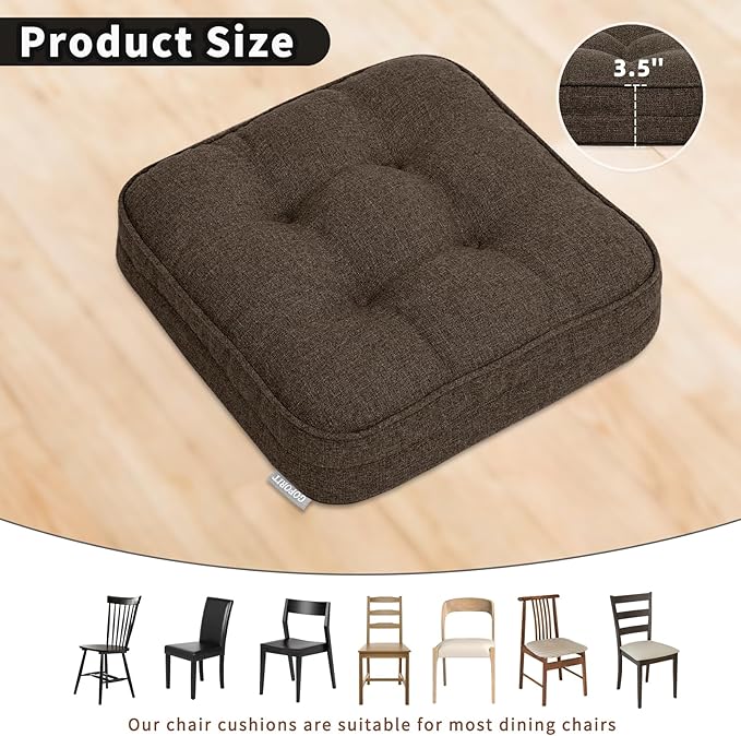 GOFORIT Chair Cushions Set of 2,Tufted Shredded Memory Foam Chair Pads, Non-Slip Seat Cushions with Removable Cover, 16'' x 16'', 2 Pack,Brown