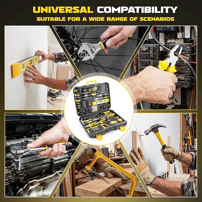 KELIN 155-Piece Household Hand Tool Set with Toolbox, Portable Home Repair Tool Kit for Garage, Car, DIY – Includes Ratcheting Screwdriver, Sockets, Pliers, Hammer, Level, Tape Measure & More