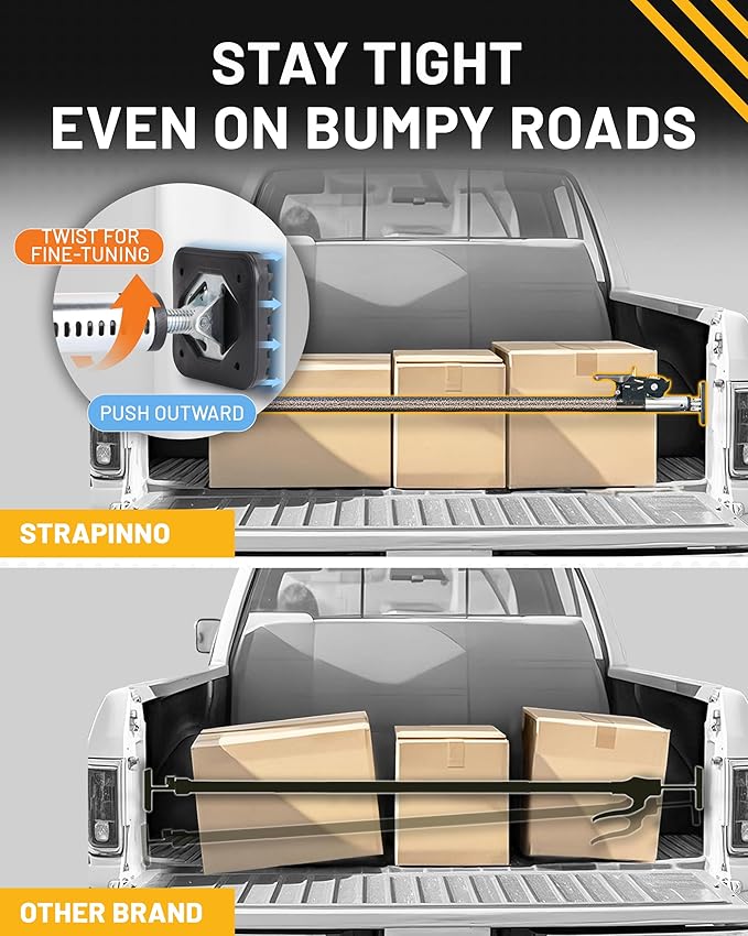 Strapinno - Ratcheting Cargo Bar 44"-74", Non-Slip Truck Bed Divider, Easy Setup, Strong 1.25" Tube, Adjustable Stabilizer for Pickup Trucks - 2-Pack