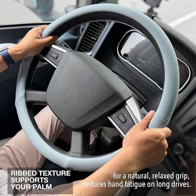 PINCTROT XL 17.5-18in Nappa Leather Supported Grip Steering Wheel Cover for Semi Truck, Fits RV, Big Rig Trucker, 18 Wheeler and Classic Cars, Anti-Slip Slim Perforated Design 17.5-18 Inch (Ice Blue)