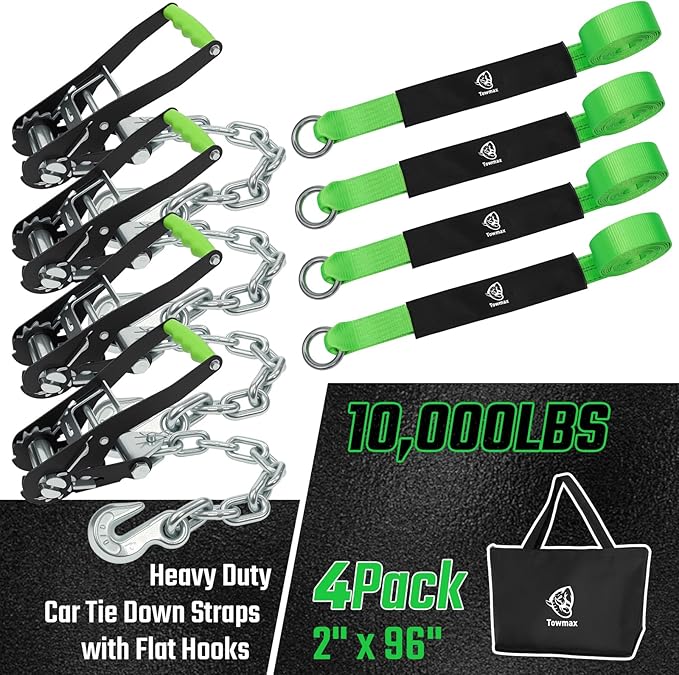 4 Pack Car Tie Down Straps for Trailers - 2" x 8' Heavy Duty Tire Straps with Chain Anchors - 10,000lbs Break Strength, Adjustable Lasso Style Wheel Straps for Hauling Cars, Truck, UTV(Green)
