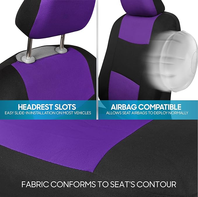 BDK PolyPro Car Seat Covers Full Set in Purple on Black, Front and Rear Split Bench Seat Covers for Cars, Easy to Install Car Seats Cover Set and Accessories for Auto Trucks Van SUV - Purple