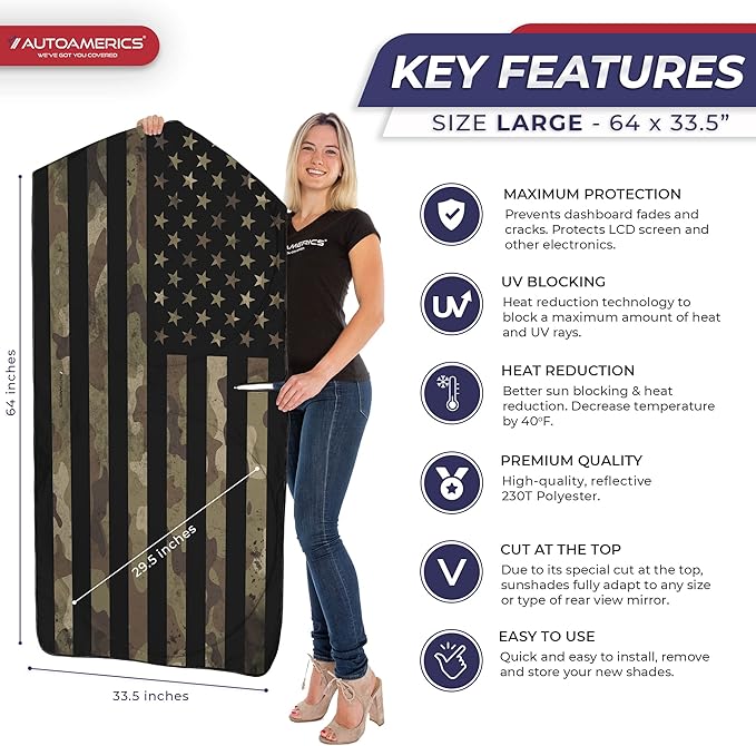 Autoamerics 1-Piece Windshield Sun Shade Dark Camo American Flag USA Design - Foldable Car Front Window Sunshade for Most Sedans SUV Truck - Blocks Max UV Rays and Keeps Your Vehicle Cool - Large