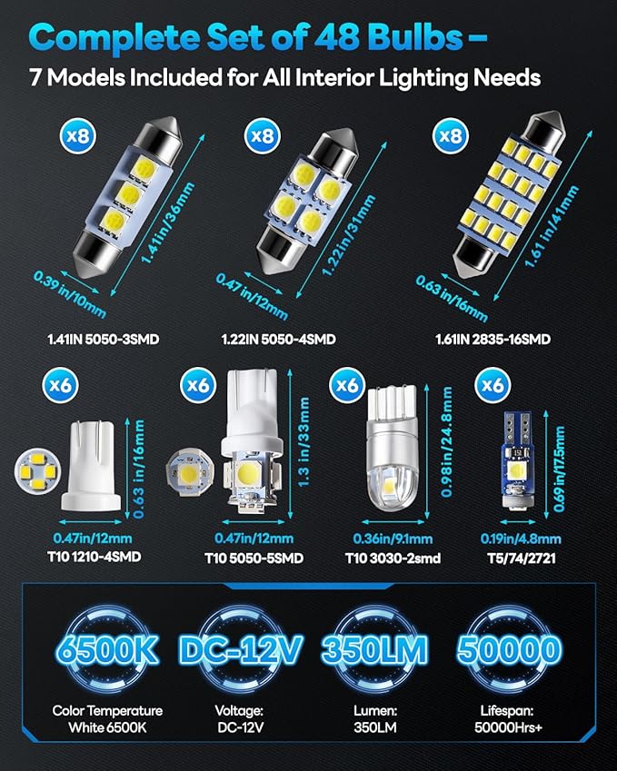 48Pcs Led Interior Car Lights Kit, 6500K White Interior Bulbs Replacement (194 T10 DE3175 W5W 168 578 2825 T5 31mm 36mm 41mm), Dome Map Dash Door Trunk License Plate Lights for Cars Trucks RVs