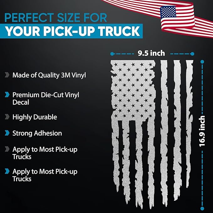 GRITKULTURE Distressed American Flag Vinyl Decal 17 inches by 9 inches for Trucks, Cars, and Windows Compatible with Most Pickup- Rear Graphic USA, US Flag Car Sticker (Reflective Silver)