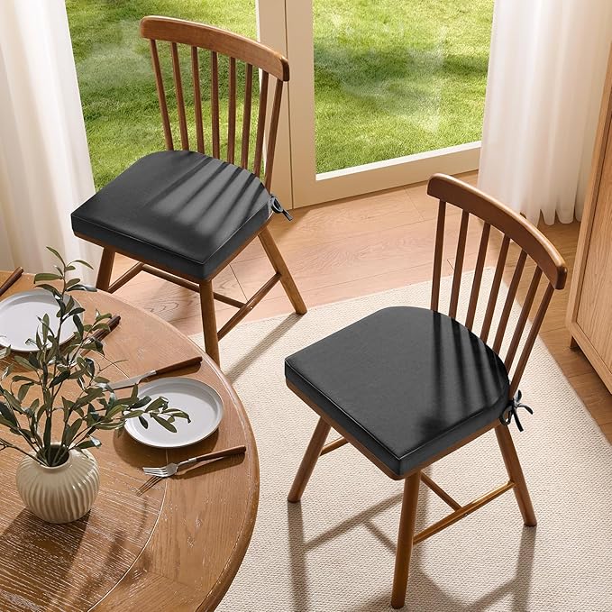 downluxe Chair Cushions for Dining Chairs, Memory Foam Linen Kitchen Chair Pads with Ties, Waterproof, Stain-Resistant and Washable Cover, 17" x 16" x 2.5", Dark Grey, 4 Pack