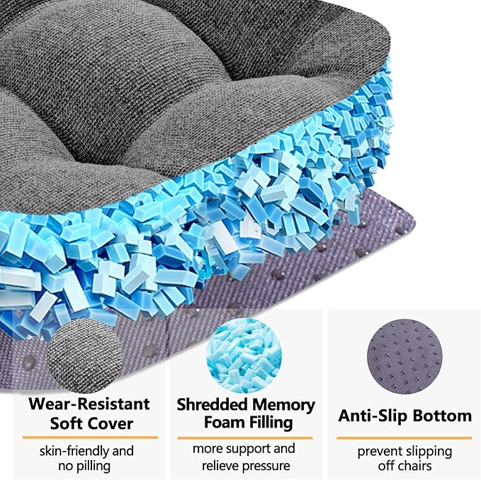 MAGIC ELEPHANT Chair Cushions for Dining Chair, Shredded Memory Foam Kitchen Chair Cushions Set of 4, Non-Slip Thick Dinning Room Chair Pads Seat Cushions, 15.5" x 15.5" x 4" (Grey)