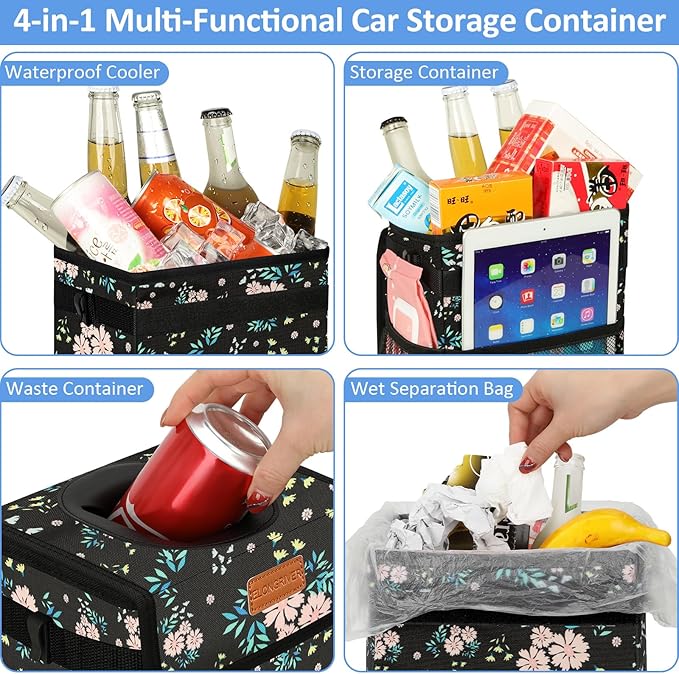 ELONGRIVER Car Trash Can Bin for Back Seat Leak Proof, Cute Car Trash Bag Hanging, Vehicle Trash Can for SUV Truck Van, Automotive Garbage Cans Front Seat Colorful Floral