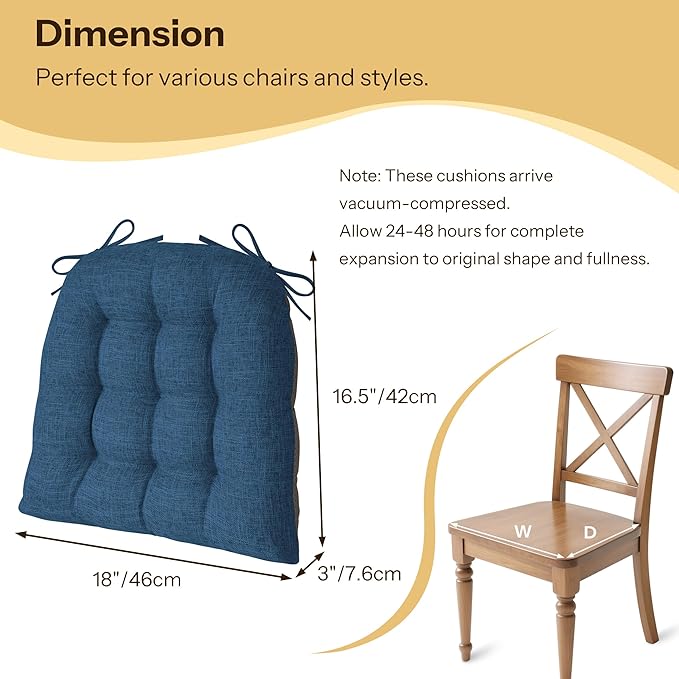 Chair Cushions for Dining Chairs Set of 4 Durable D-Shaped Seat Cushions with Non-Slip Backing Secure Ties Thick Cozy Seat Pad for Kitchen Dining Room Office(18x16.5x3in Navy)