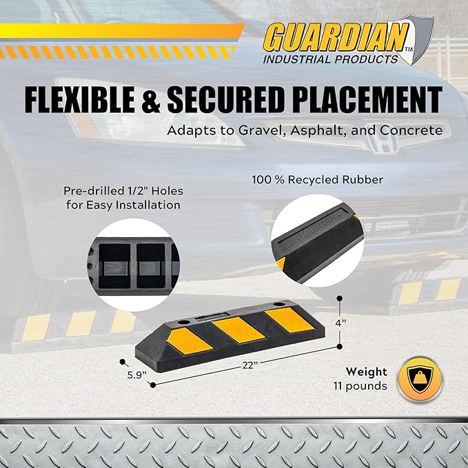 Guardian 4 Pack Parking Stop, 2 Foot Long Flexible Rubber Curb, Highly Visible Accessory with Mounting Holes for Job Sites and Garages, Black/Yellow