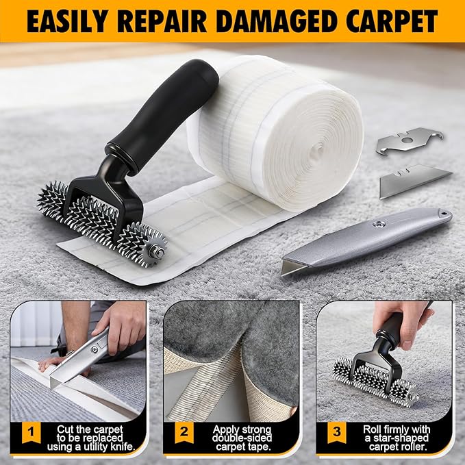 Dreyoo Upgraded Carpet Repair Kit with 5" Star Wheel Seam Roller, 4" x 30ft Carpet Seam Tape & Heavy Duty PVC Pipe Cutter, Heatless Carpets Patching Tools for DIY Home/Office Floor Maintenance