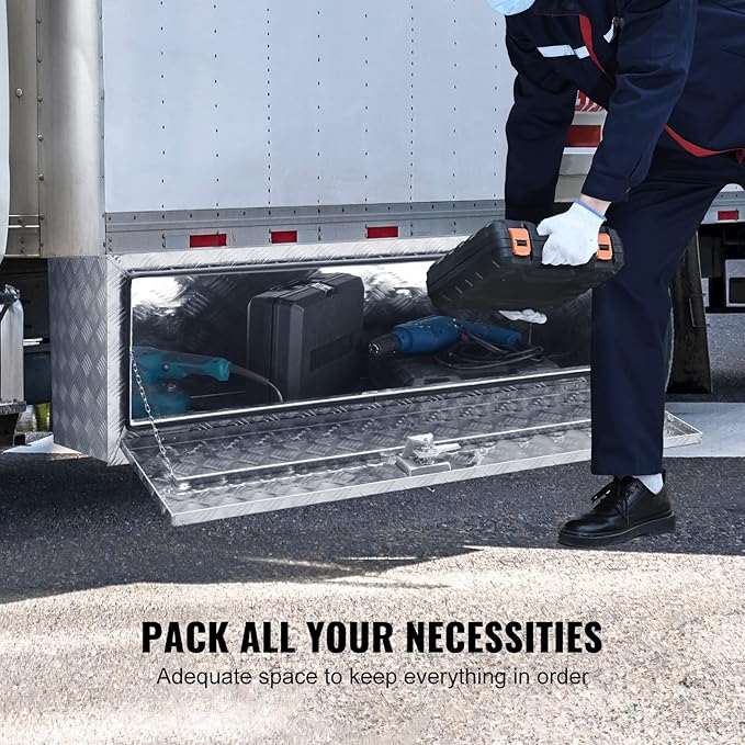 VEVOR Underbody Truck Box, 60"×17"×18" Pickup Storage Box, Heavy Duty Aluminum Diamond Plate Tool Box with Lock and Keys, Waterproof Trailer Storage Box with T-Handle Latch for Truck, Van, Trailer