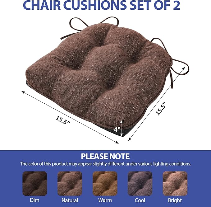 IPYNBAP Chair Cushions for Dining Chairs Set of 2, Kitchen Chair Cushions, Chair Pads with Ties and Non Slip Backing, Tufted Memory Foam Seat Cushion 2 Pack, 15.5" x 15.5" x 4", Brown
