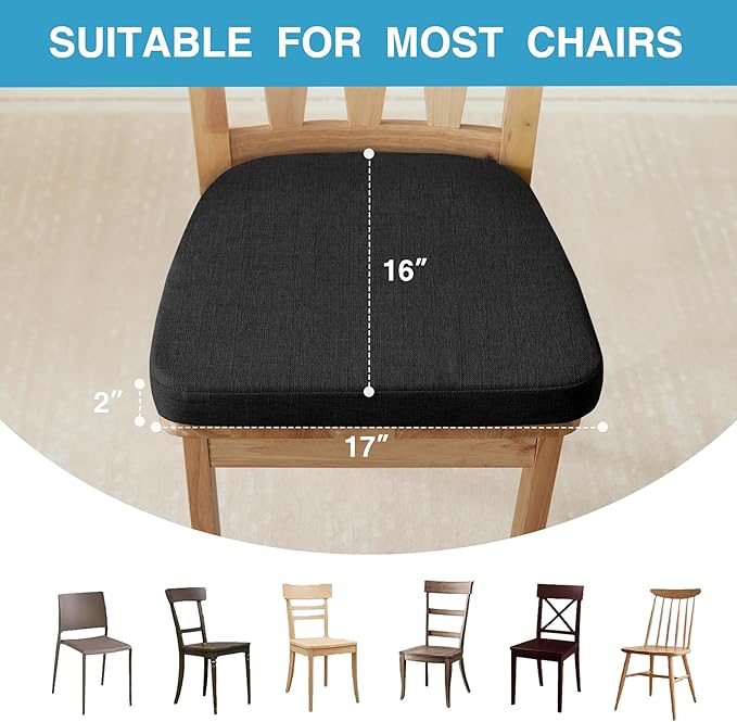IASEAHK Chair Cushions for Dining Chairs Set of 2, Non Slip Kitchen Chair Pads, 17" x 16" x 2", Indoor Dining Chair Cushions with Ties, D-Shaped Seat Cushions for Kitchen Chairs, Black