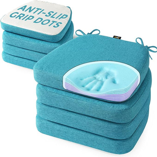SUNROX Cooling Gel Memory Foam Chair Cushions, 2.6" Thick U-Shaped Dual-Layer Comfort Dining Chair Pads, Non Slip Seat Cushion with Ties for Indoor Kitchen Office 17"x16" Set of 8, Turquoise
