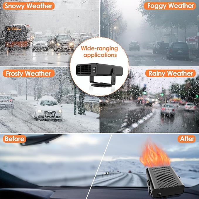 2026 Newest Portable Car Heaters, 12V 200W Vehicle Heating & Cooling Fan Rapid Windscreen Defogger & Window Defroster Car Heater That Plugs Into Cigarette Lighter with 360° Rotatable Function