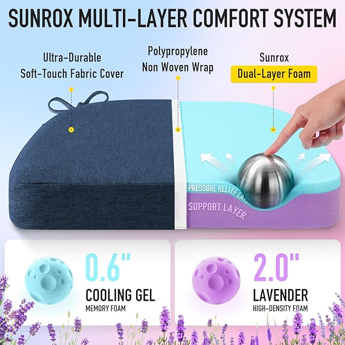 SUNROX Cooling Gel Memory Foam Chair Cushions, 2.6" Thick U-Shaped Dual-Layer Comfort Dining Chair Pads, Non Slip Seat Cushion with Ties for Indoor Kitchen Office 17"x16" Set of 4, Navy