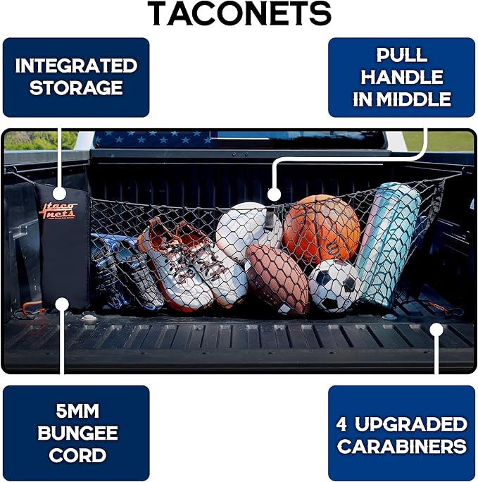 Envelope Cargo Net for Toyota Tacoma - Fits 2005-Current - Patented Bed Rail Integration - Upgraded 5mm Bungee - Integrated Storage Bag - Heavy Duty Carabiners - Designed in USA