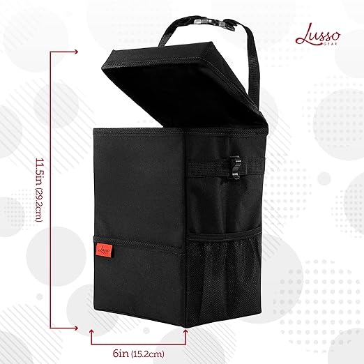 Lusso Gear Car Trash Can, 3.5 Gallon Capacity, Brown Color, Manual-Lift Opening Mechanism