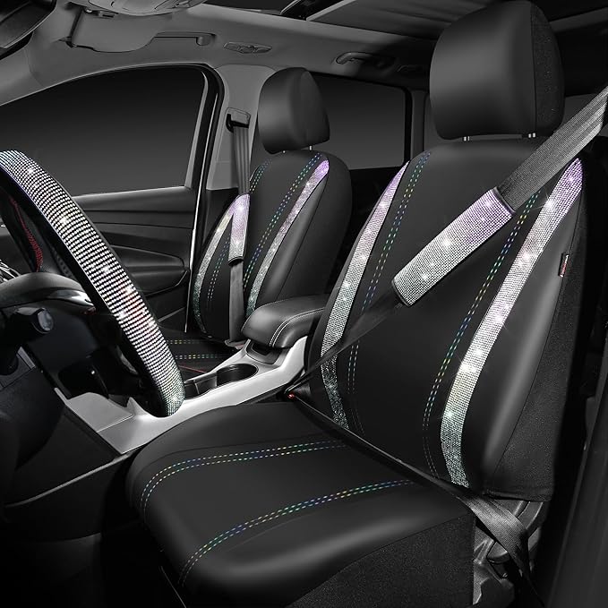 CAR PASS Bling Diamond Leather Seat Covers Sets 12pcs Shining Car Accessories Set for Women, Sparkly Rhinestone Steering Wheel Cover, Glitter Cute Crystal for Women Girl, Bedazzed Multicolor Diamond