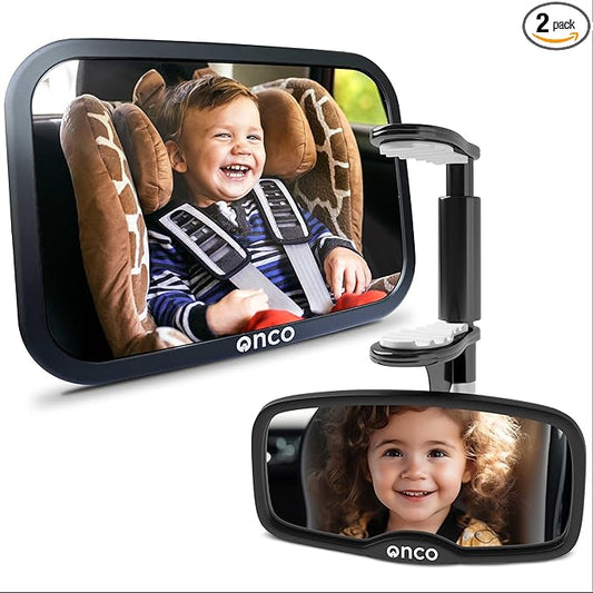 Onco Baby Car Mirror Bundle – Rear & Forward Facing Mirrors, Double Award-Winning, 100% Shatterproof & Shakeproof, 360° Rotation, Wide Convex View, Newborn Essentials
