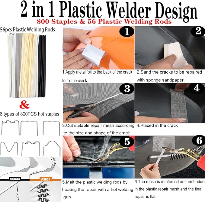 220w Plastic Welder,Upgraded 2 in 1 Plastic Welding Kit,Plastic Repair Kit 1000pcs Hot Staples & 92pcs Plastic Welding Rods for Car Bumper Plastic Crack Repair(Black)