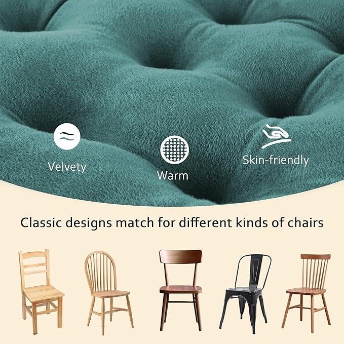 ELFJOY Chair Cushions for Dining Chairs Set of 4 Kitchen Seat Cushions Indoor Velvet Seat Pad with Ties for Dining Office Living Room (18" x 18", Green)