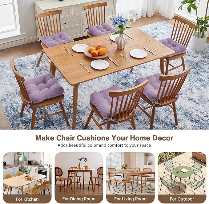 BETU Chair Cushions for Dining Chairs Set of 6,3.5" Thick Kitchen Table Chair Pads with Ties,Non Slip Backing and Covers, Seat Cushion for Dining Room,Bar,Patio Chairs,15.5"X15.5"X3.5",Purple