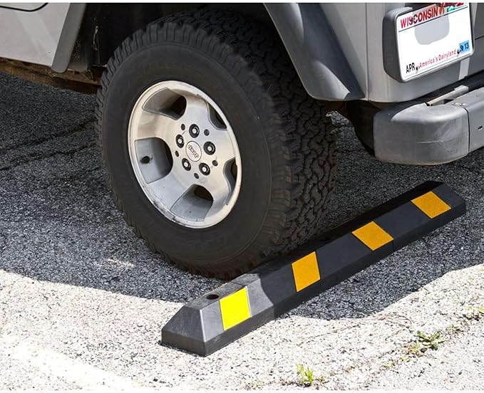 Guardian 4 Pack Parking Stop, 4 Foot Long Flexible Rubber Curb, Highly Visible Accessory with Mounting Holes for Job Sites and Garages, Black/Yellow