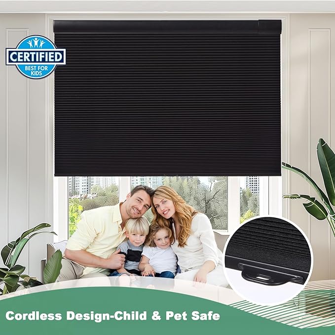 Tonature No Drill Cellular Shades for Indoor Windows, Thermal Insulating & Noise Reducing Honeycomb Blinds, Free Stop Cordless Blackout Shades, Black, 30" W x 64" H