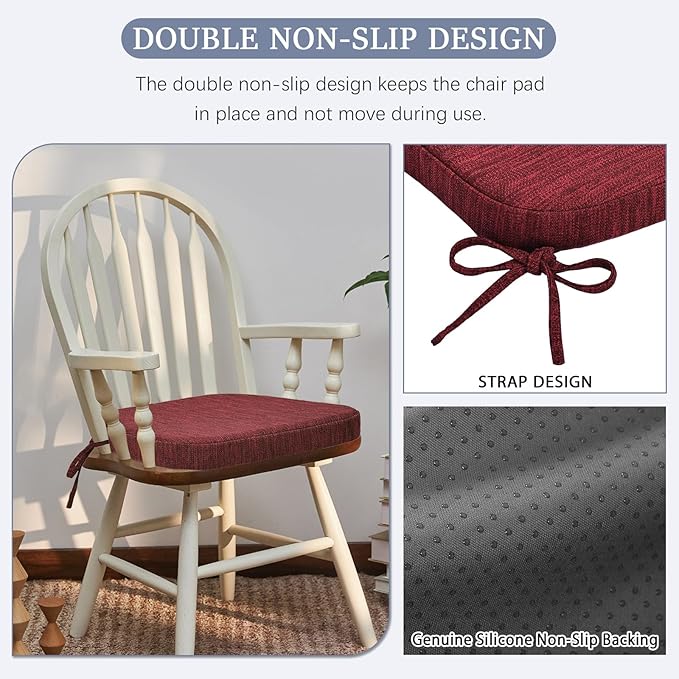 baibu Kitchen Chair Cushions Set of 6, Dual-Layer Patented Design Memory Foam Dining Chair Pads with Ties and Washable Cover, 6 Pack, 17" x 16" x 2", Wine Red