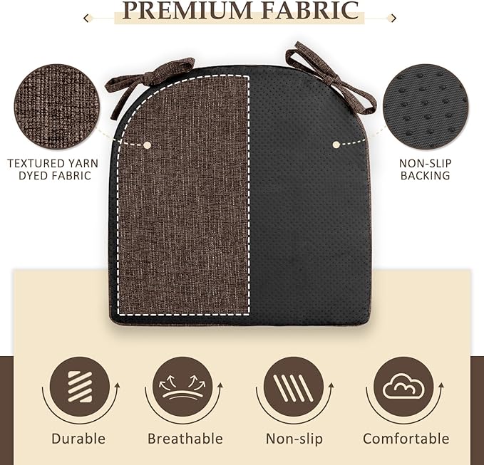 Wellsin Chair Cushions for Dining Chairs 6 Pack - Kitchen Chair Cushions with Ties and Non-Slip Backing - Dining Chair Pads 16"X16"X2", Brown