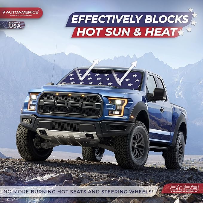Autoamerics Truck Windshield Sun Shade with Storage Pouch & Anti-Slip Dash Pad - Foldable USA Stars Flag Design - Fits Most SUVs & Trucks - Blocks UV Rays and Keeps Car Cool | X-Large (66 x 36 inches)
