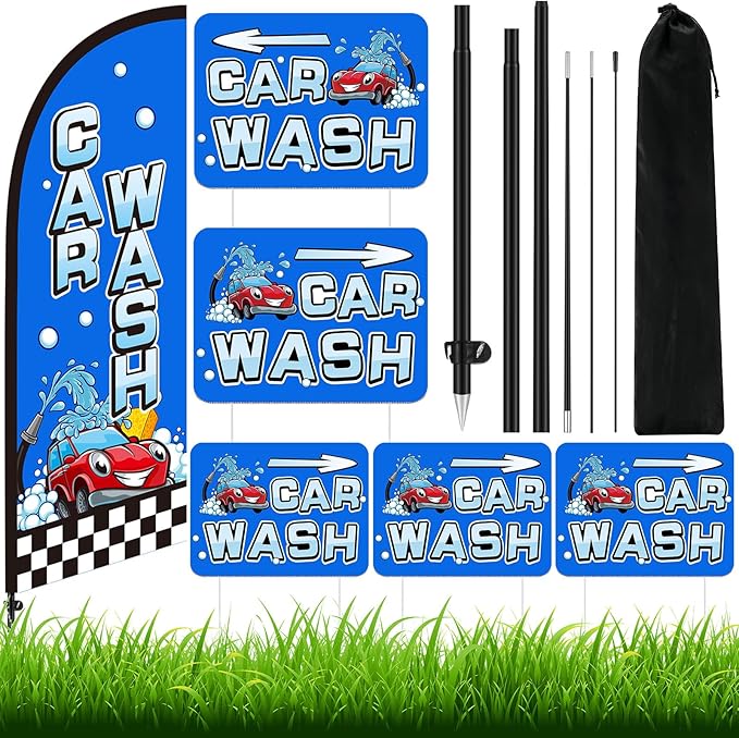 Car Wash Feather Flagpole Kit Include 7 ft Banner Flag with Poles 5 Pcs Car Wash Sign and 10 Pcs Ground Stake for Outside Business Stores Shops Decoration