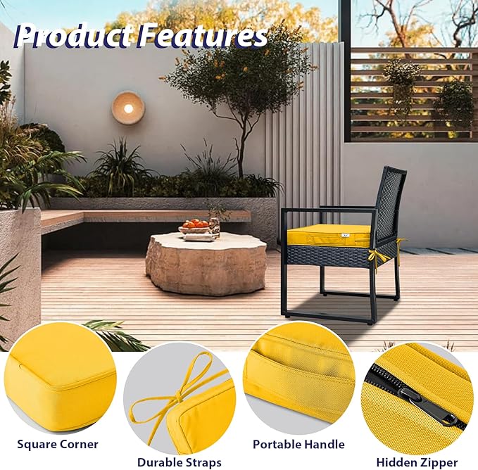 IPYNBAP Outdoor Chair Cushions Set of 4 -Waterproof Outdoor Seat Cushions for Patio Furniture, Patio Chair Cushion with Handle and Ties, Out Door Chair Pads,17x16x2-Square, Yellow