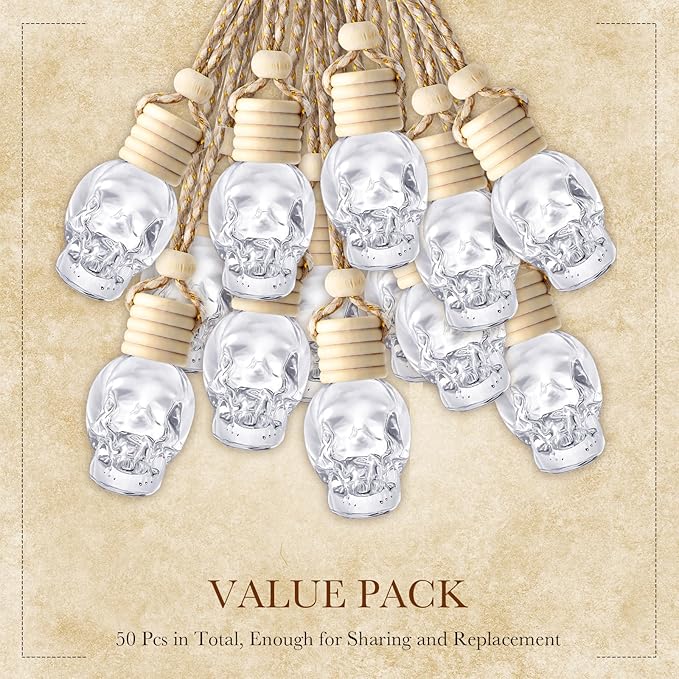 BBTO 50 Pcs Hanging Car Air Freshener Car Diffuser Bottles Empty Glass Perfume Bottle Freshener Diffuser Bottle Pendant for Essential Oil Fragrance Aromatherapy Bottle Ornament(Skull)
