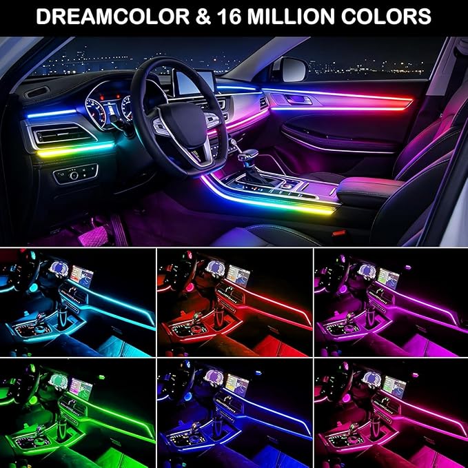 Acrylic Interior Car LED Strip Light with APP Remote Control, 175in 6 in 1 RGB Dreamcolor Neon Flexible Strip Fiber Optic LED Ambient Lighting Kits,RGB Music Lights Sync for Inside car Decorations