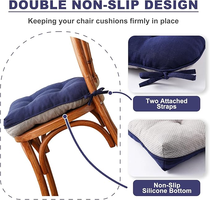 Battilo Chair Cushions Set of 4 for Dining Chairs, Seat Cushions for Kitchen Chairs with Non-Slip Backing, Indoor/Outdoor Waterproof Chair Seat Pads with Ties, 15.5"x15.5"x4", Navy