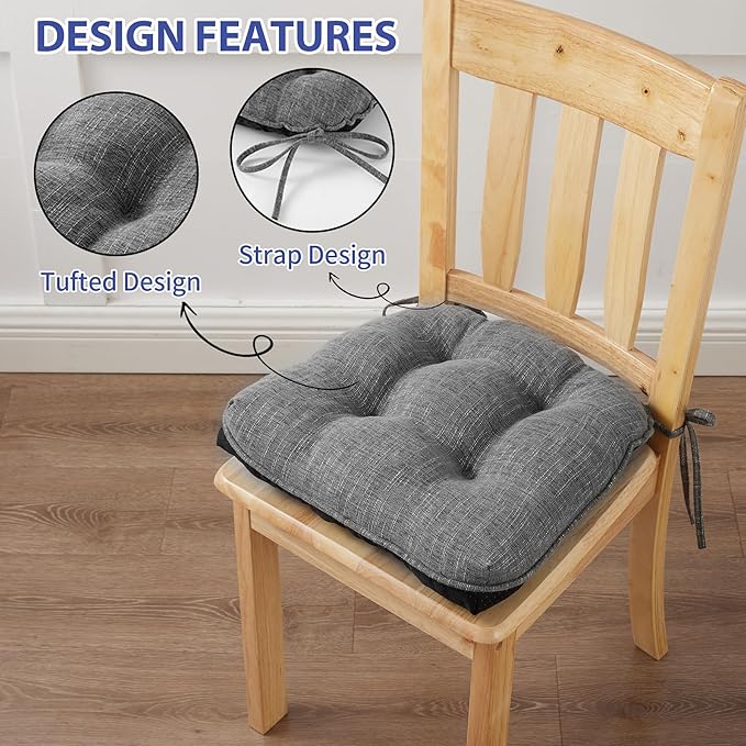 IPYNBAP Chair Cushions for Dining Chairs Set of 6, Kitchen Chair Cushions, Chair Pads with Ties and Non Slip Backing, Tufted Memory Foam Seat Cushion 6 Pack, 15.5" x 15.5" x 4", Dark Gray